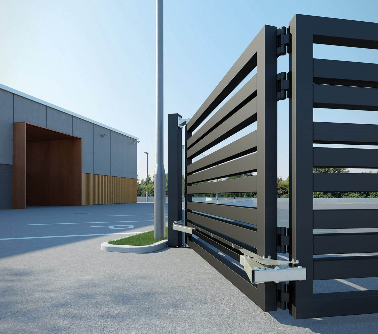 Commercial gate repair services with expert technicians fixing a heavy-duty automated gate for a business property.